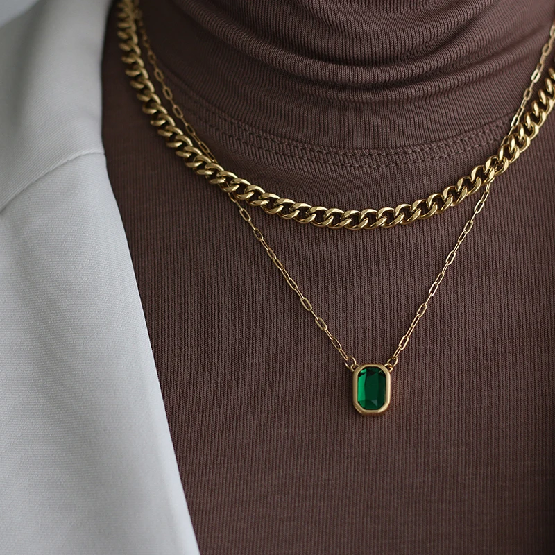 

ZJ Street Style Layering Double Chains Splicing Green Glass Pendant Necklaces Stainless Steel Statement Charms Collars Chokers