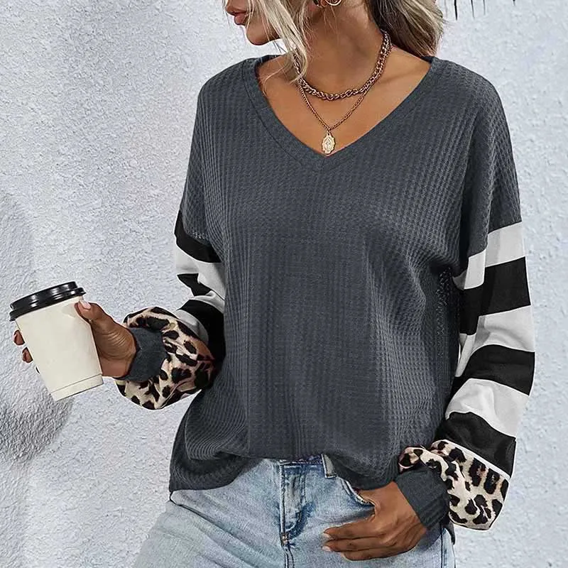 

S-3XL Women's V-neck Loose Tops Contrast Color Long Sleeve All-match T-shirts 5 Colors Casual Female's Oversize Pullovers SY2523