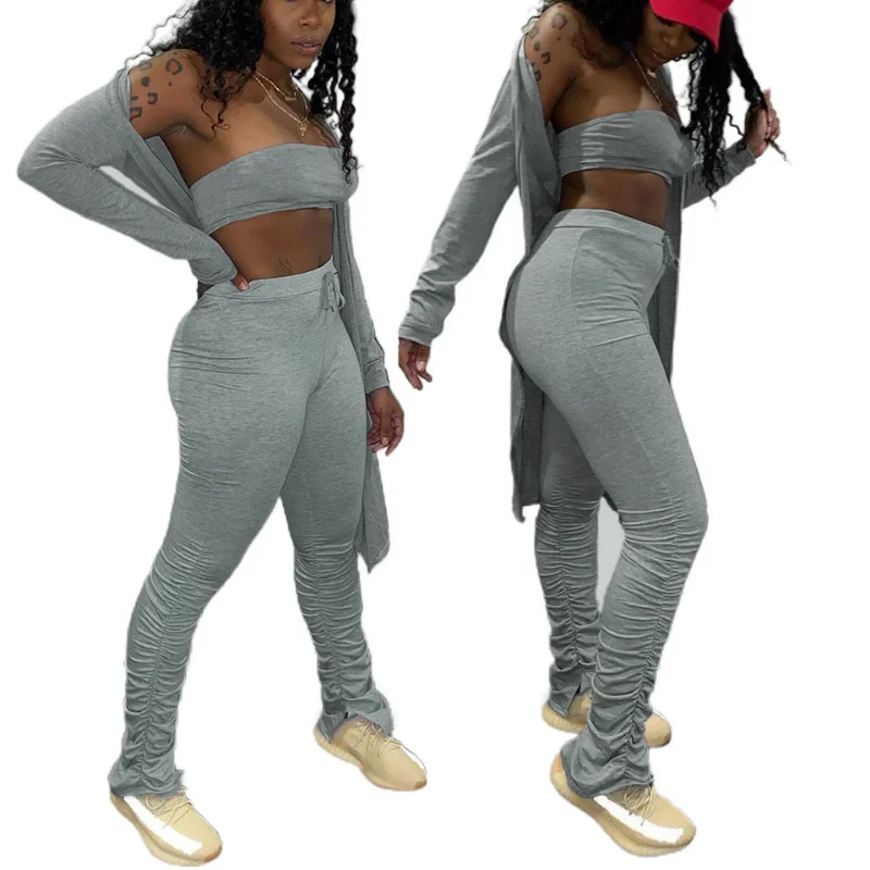 

WUHE Casual Streetwear Women's Set 2023 Spring Long Cardigan + Strapless Mini Top + Stacking Ruched Pants Gray Three 3-piece Set