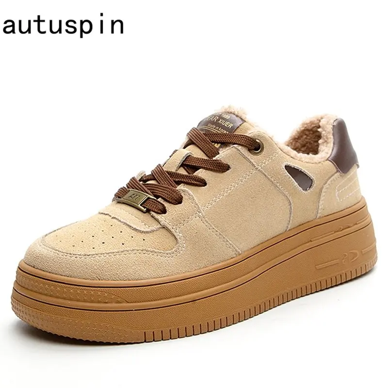 

Autuspin 2023 New Flat Sneakers for Women Winter Outdoor Leisure Warm Wool Lace-Up Shoes Genuine Leather Office Lady Casual Shoe