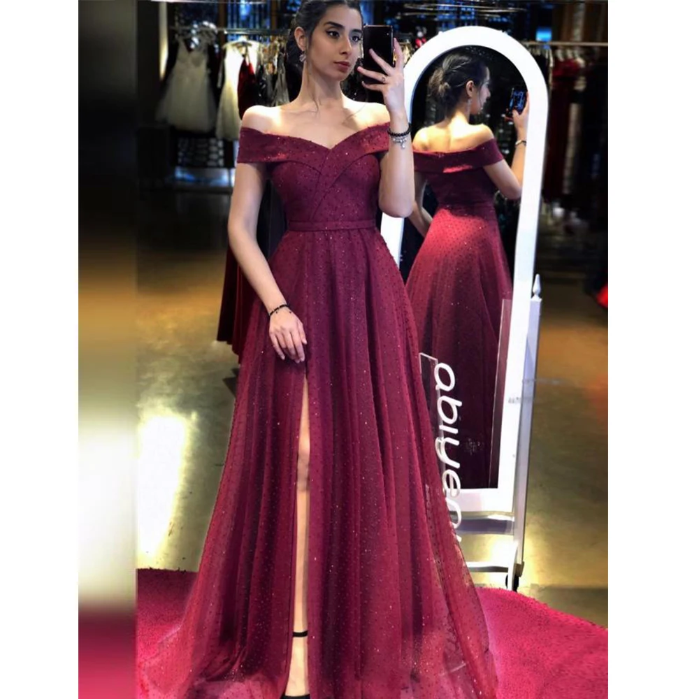 

Wine Red Sexy Off Shoulder Evening Dresses Women's A-line Formal Party Princess Prom Gowns Side Split Robe 2023 De Soirée Vestid