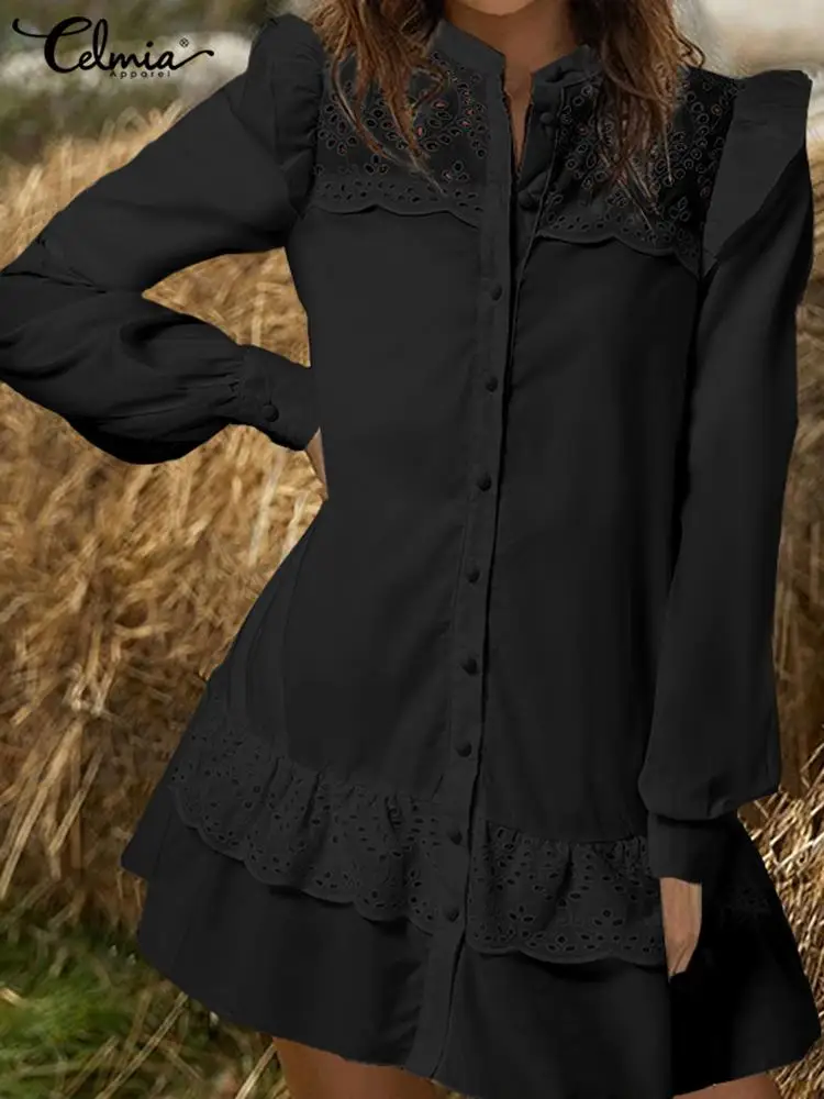 

Celmia Casual Loose Button Up Mini Vestidos Women Long Sleeve White Dress Summer Holiday Lace Stitching Elegant Ruffled Hem Robe