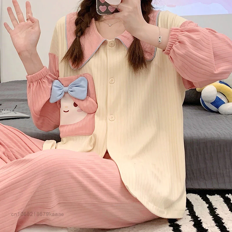 Sanrio Melody New Home Clothes Long Sleeve Tops  Loose Pants 2 Piece Set Women Pajamas Y2k Female Cartoon Cute Sleepwear Suits