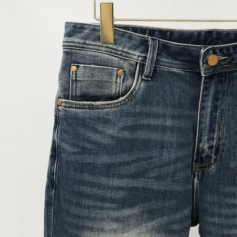 Fashion H Brand Spring Summer New Men's Jeans Zipper Mid-waist Vintage Wash Blue Denim Pocket Design Trend Casual Male Trousers