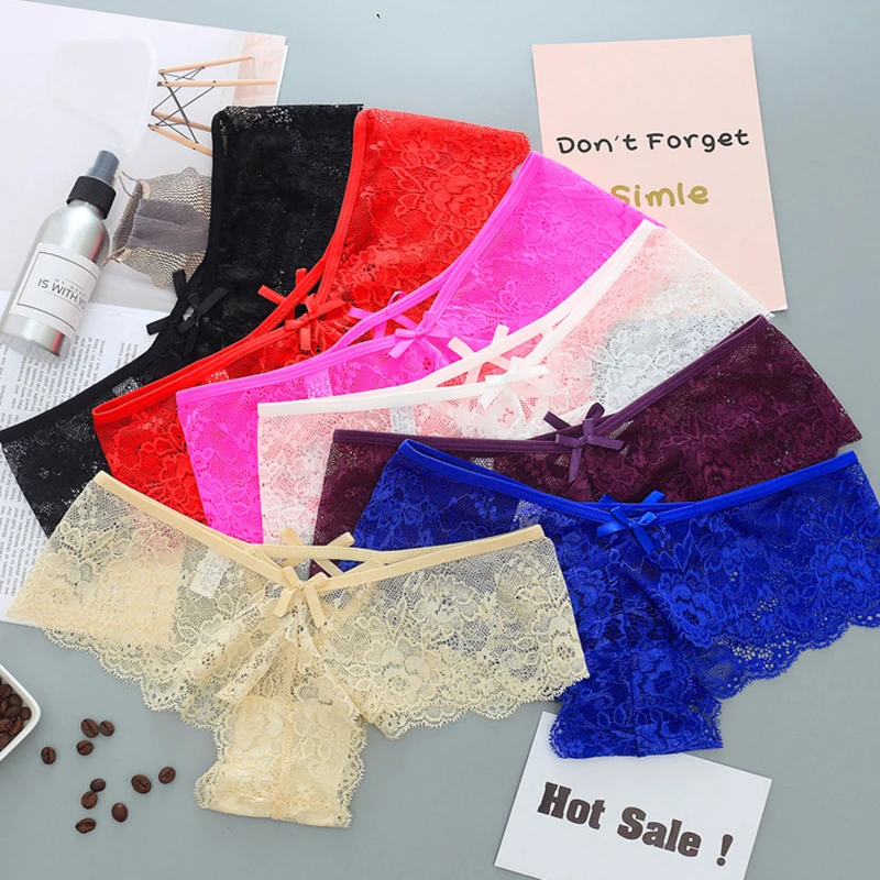 Женское нижнее белье кружевные женские однотонные прозрачные трусики с бантом