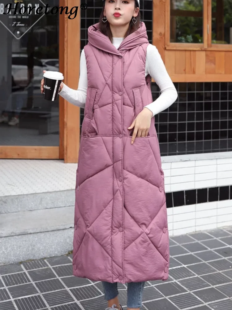 

Horetong Winter Hooded X-Long Vest Women Sleeveless Pocket Zipper Down Cotton Padded Jackets Solid Warm Casual Parka Waistcoat
