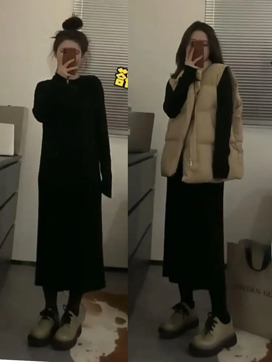 Осенне-зимнее новое маленькое трикотажное платье с длинными рукавами женское