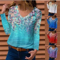 2022 autumn casual long sleeve women t shirts ladies flower print streetwear tops female v neck loose top pullover