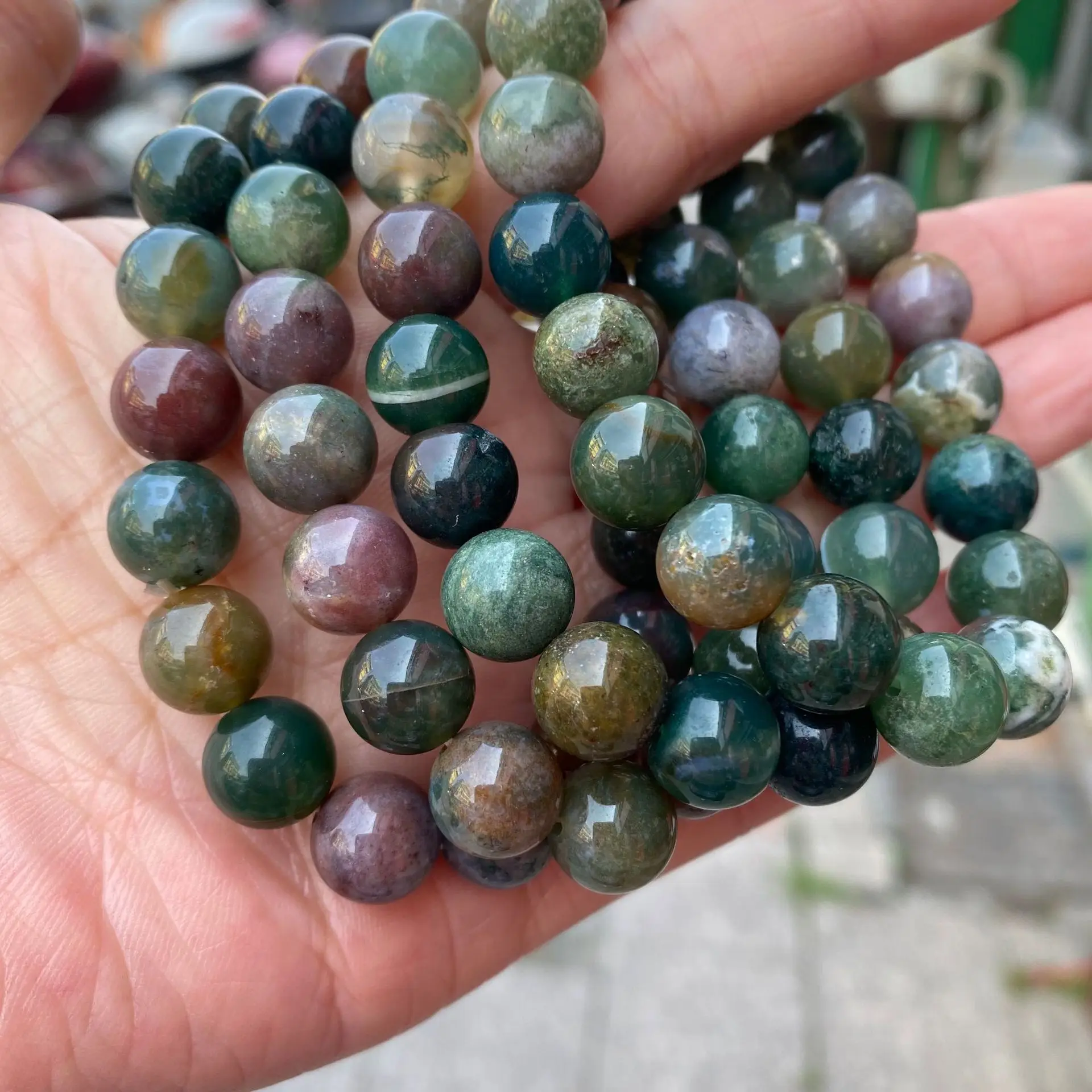 

Natural Stone Indian Agate Bracelet Fashion Men Ladies Round Bracelet Lucky Chakra Couple Women Jewelry Gift