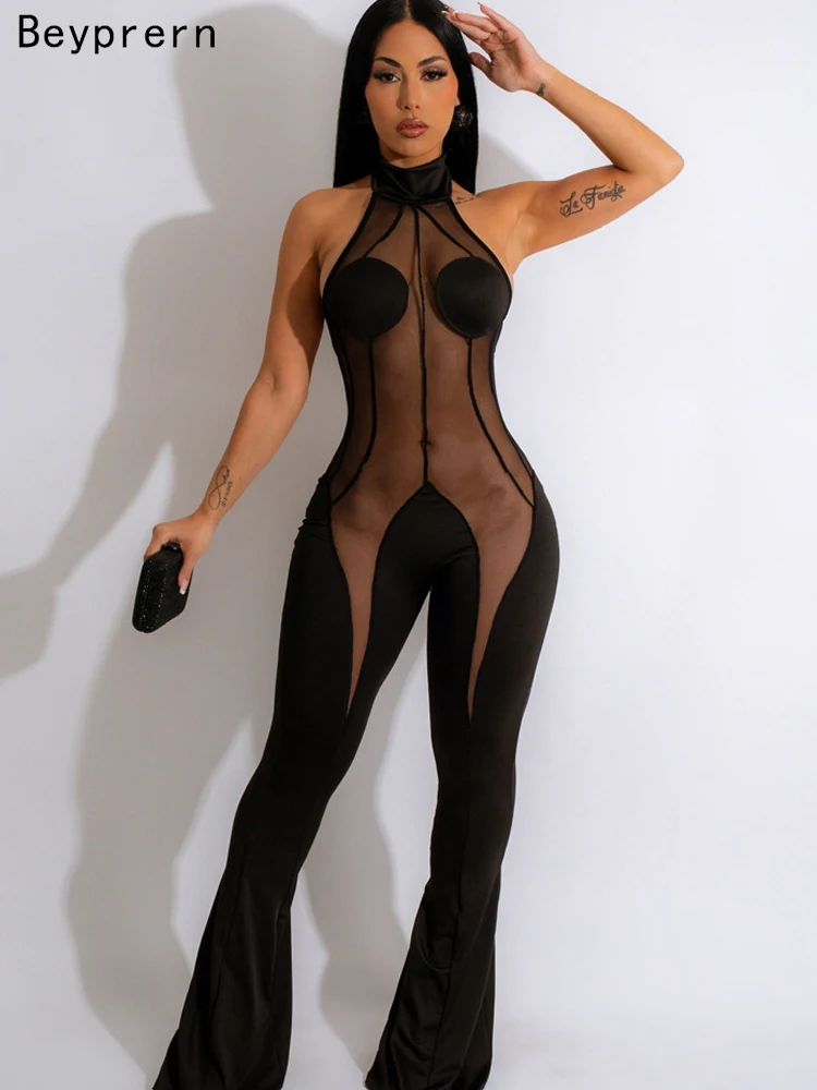 

Beyprern New Fashion Halter Neck Sheer Mesh Patchwork Rompers Summer Open Back Wide Legs Jumpsuits Party Outfits Sexy Clubwear