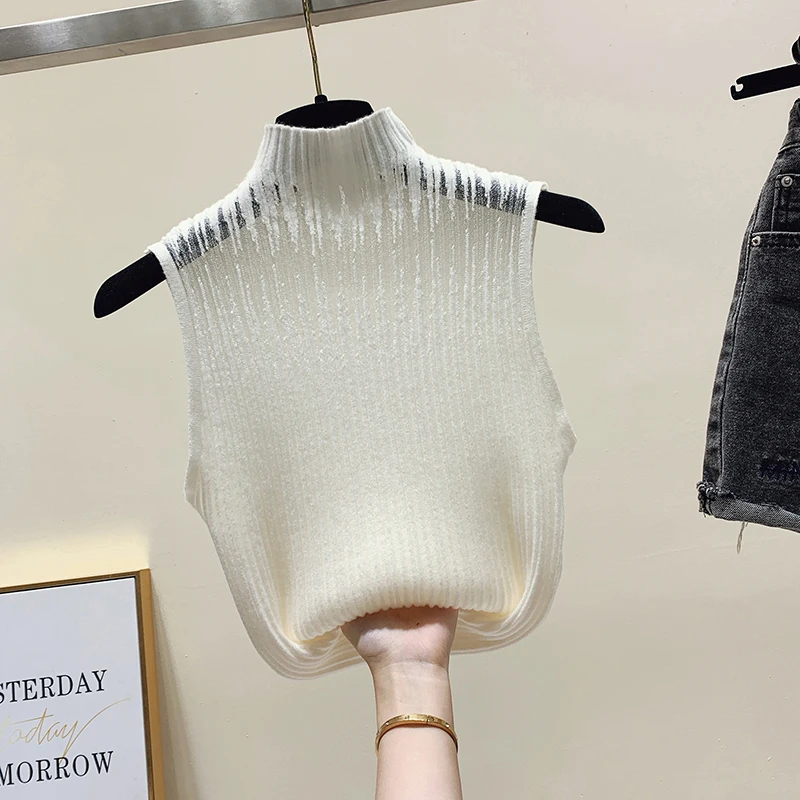 

Кружевная прозрачная сетчатая майка, трикотажная нижняя рубашка с полувысоким воротником, короткий свитер без рукавов, майка, Женская шикарная одежда