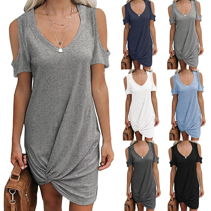 

ASDS-Women's Fashion Solid Color Strapless Twist Short Sleeve T-Shirt Dress