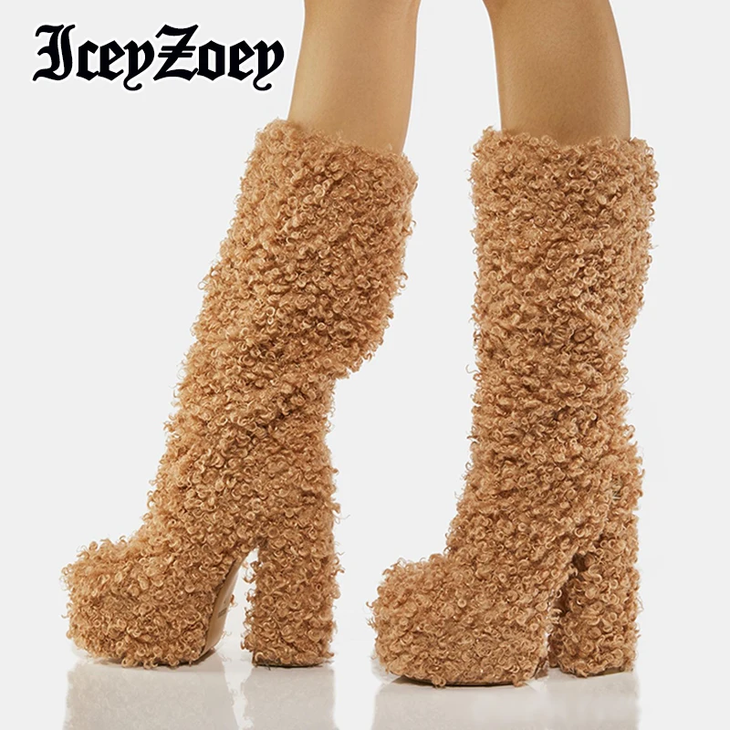 

IceyZoey Size 34-43 Long Boots For Women High Heel Shoes Fleece Platform 2022 Winter Warm Knee Boots Ins Fashion Footwear