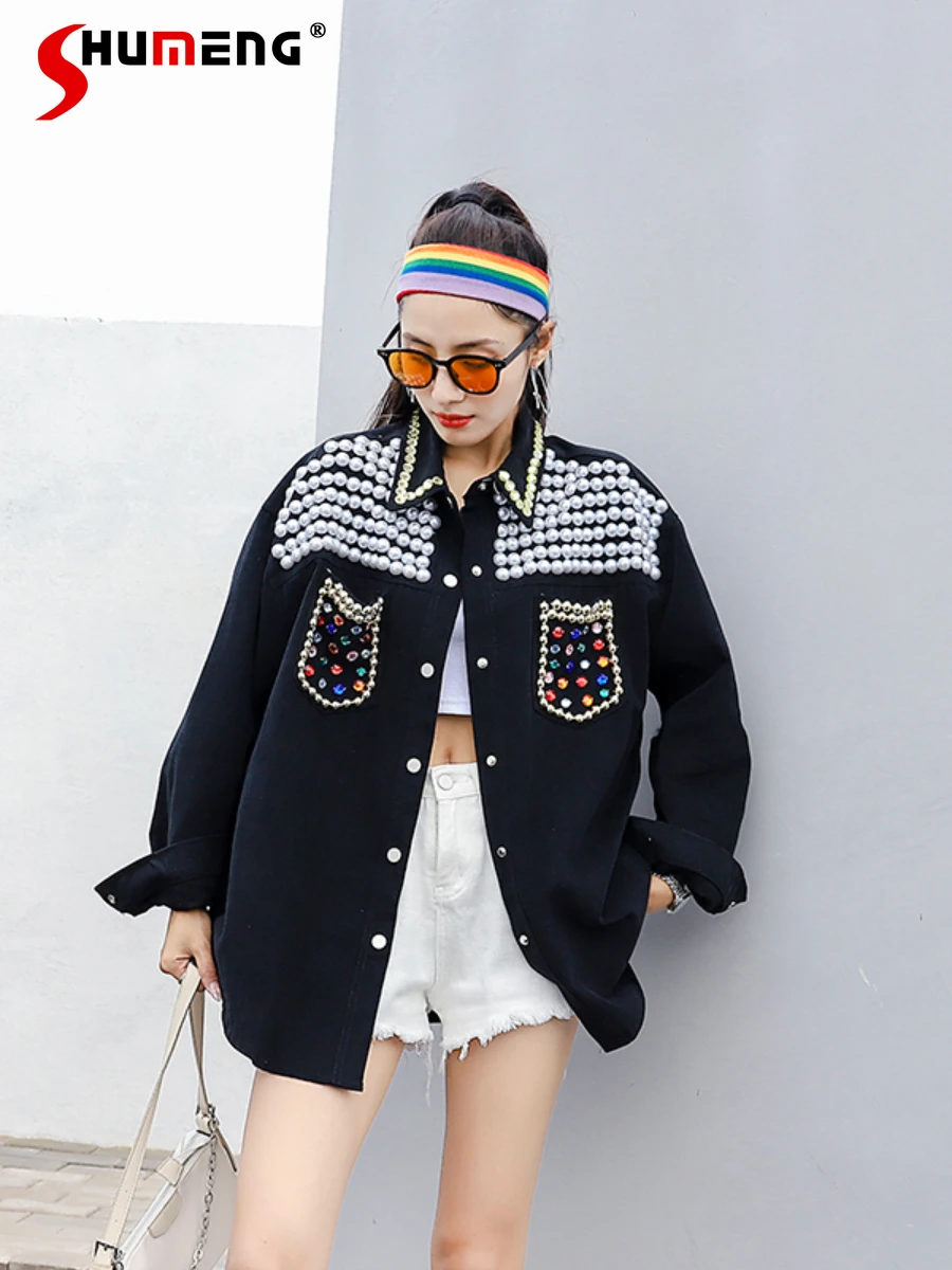 Loose Beaded Sequins Black Hean Jacket Streetwear 2022 New Casual Women's All-Matching Polo Collar Long Sleeve Thin Coat Summer