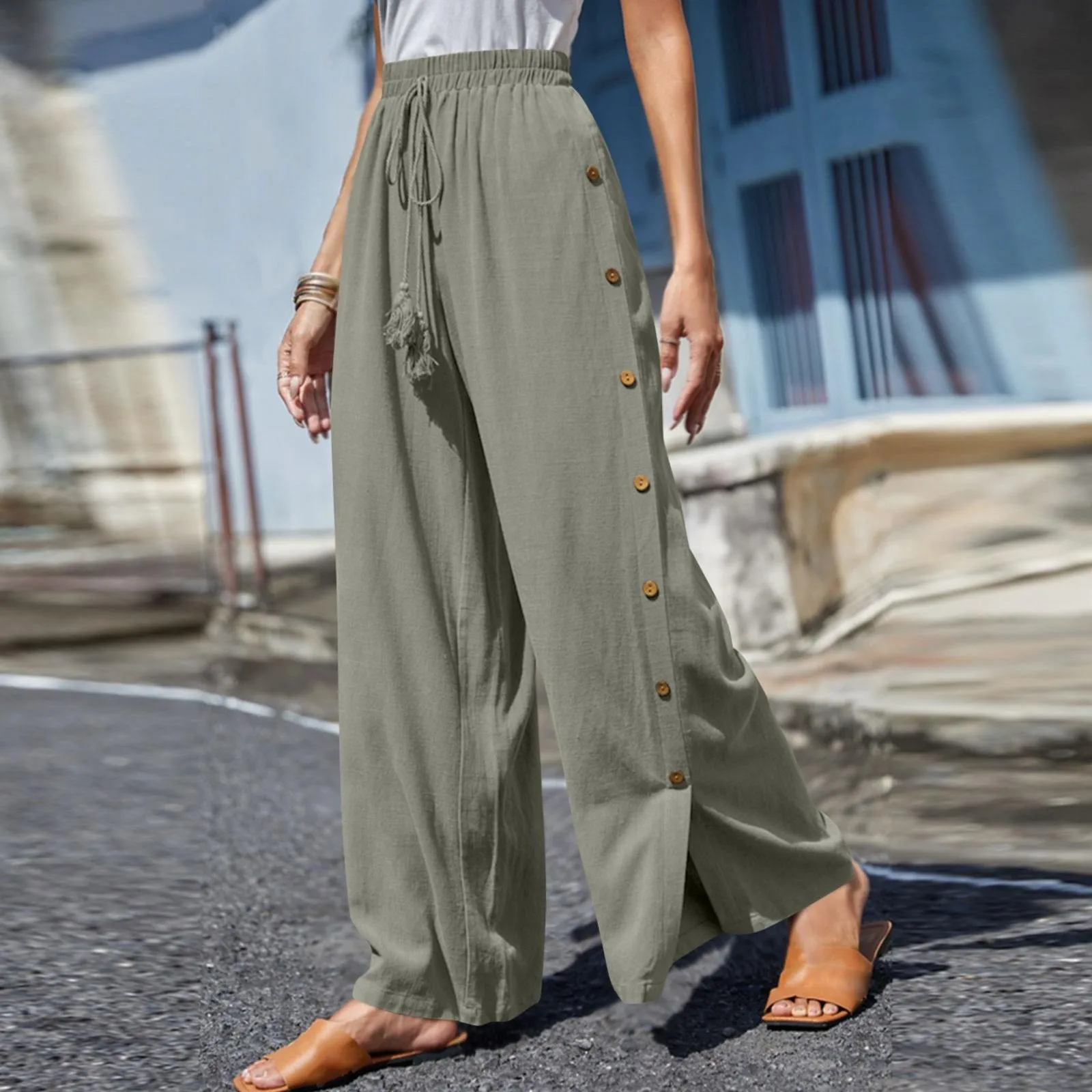 Женские широкие брюки из хлопка и льна, свободные эластичные тонкие женскиебрюки-Капри с высокой талией, расклешенные брюки, весна-лето 2023