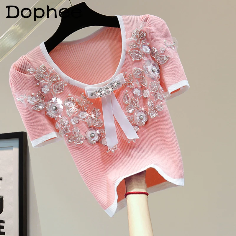 

Bow Diamond Puff Sleeve Ice Silk T-shirt 2022 Summer Korean Style Flower Beaded High Waist Short Sweater Fashion