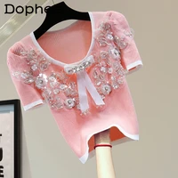 bow diamond puff sleeve ice silk t shirt 2022 summer korean style flower beaded high waist short sweater fashion
