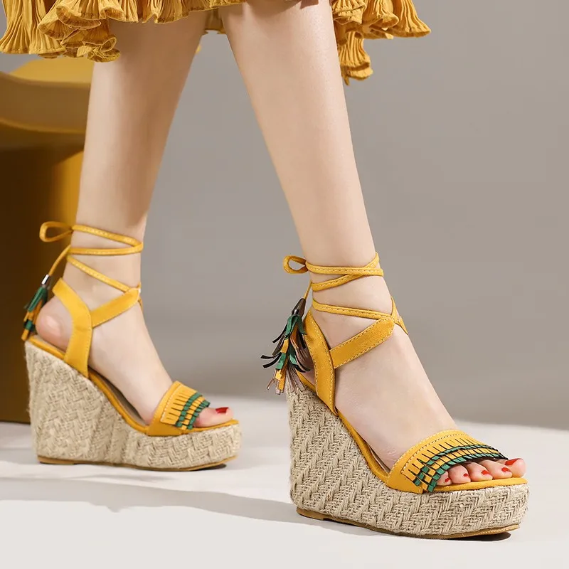 

Bohemian Womens Summer Espadrille Heel Wedges Open Toe Platform Cross-tied Lace Up Tassel Sandals Yellow Shoes Big Size 46 47 48