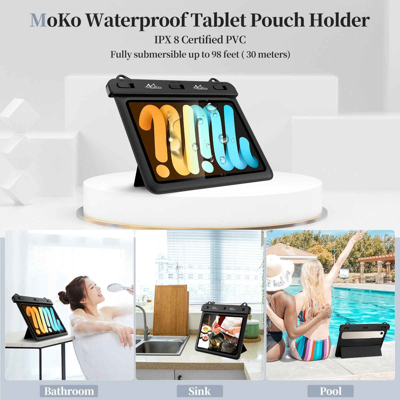 MoKo Waterproof Tablet Case for Fire HD 8/Fire 7, iPad Mini 6/5/4/3, Galaxy Tab Pro 8.4, Tab S2/Tab E/Tab A 8.0 8.4 Stand Holder