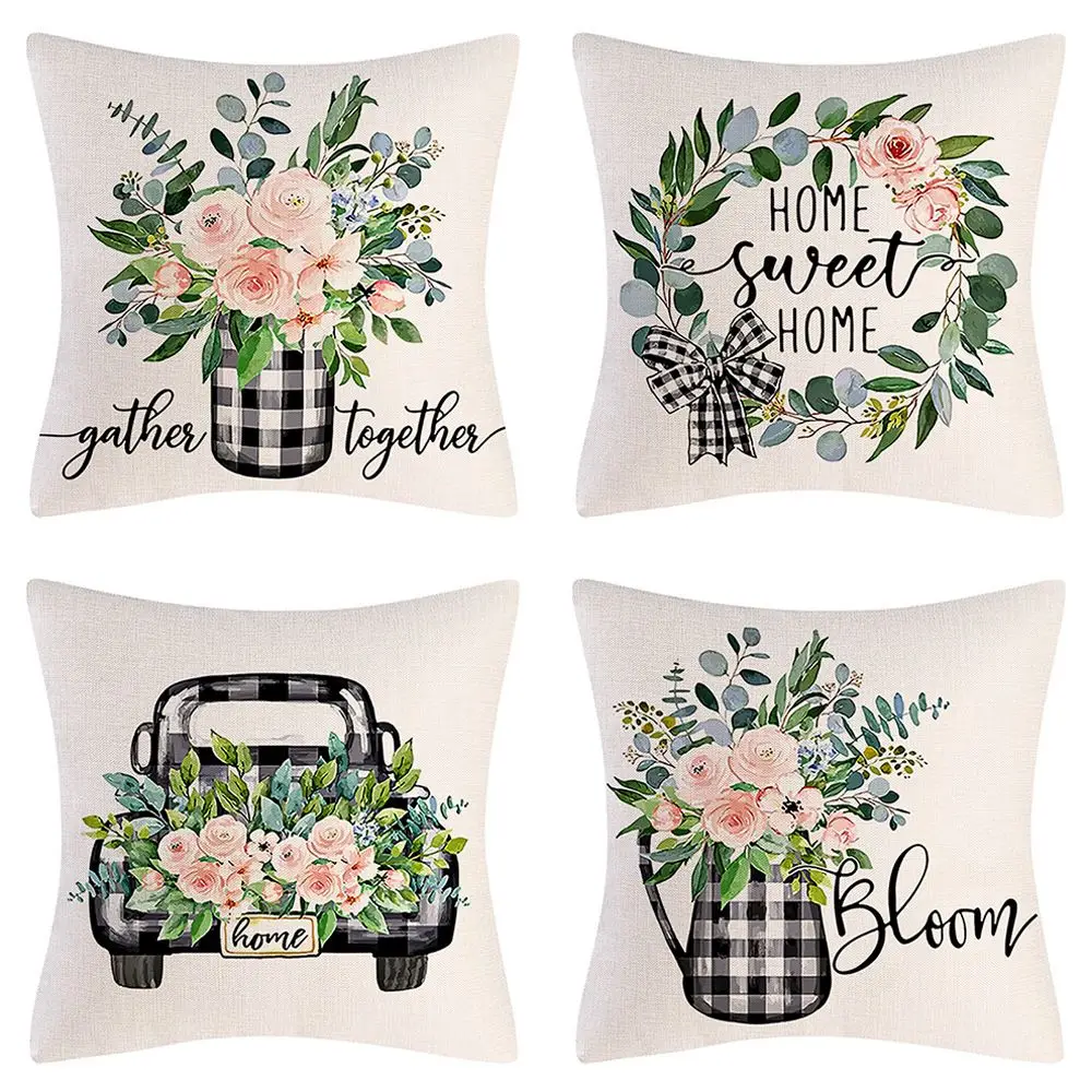 

Farmhouse Pillow Covers Buffalo Plaid Truck Floral Bloom Home Sweet Home Decorative Throw Pillow Covers Case Sofa Couch