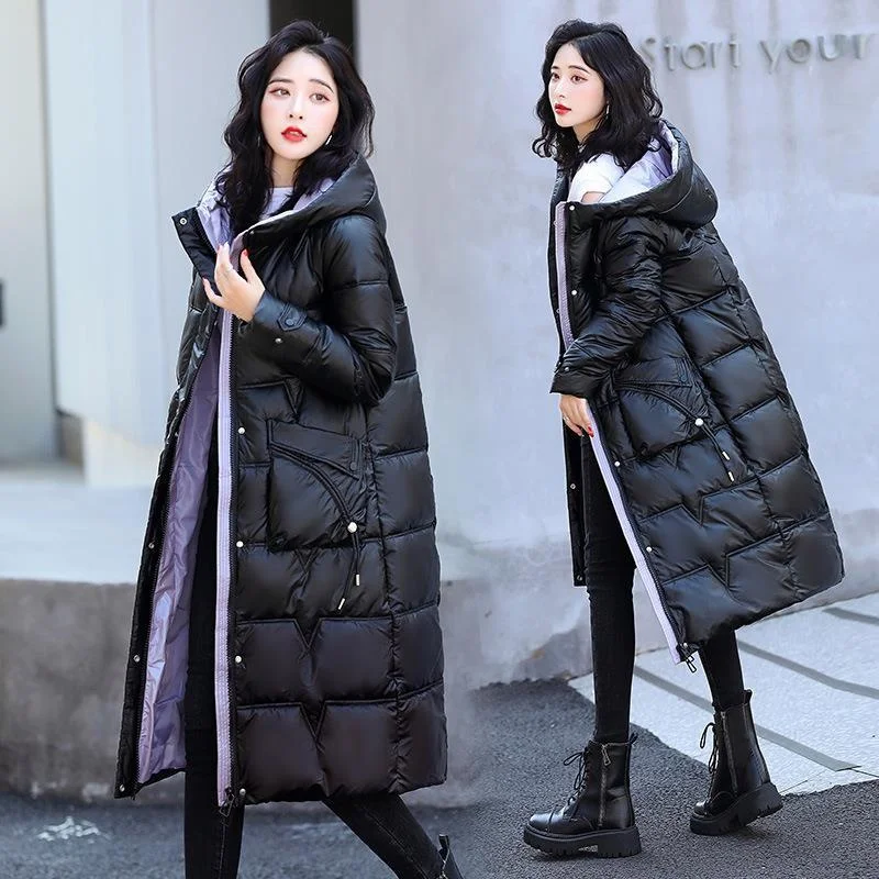Long bright face down cotton jacket new women's over knee loose large thickened winter clothes disposable cotton jacket
