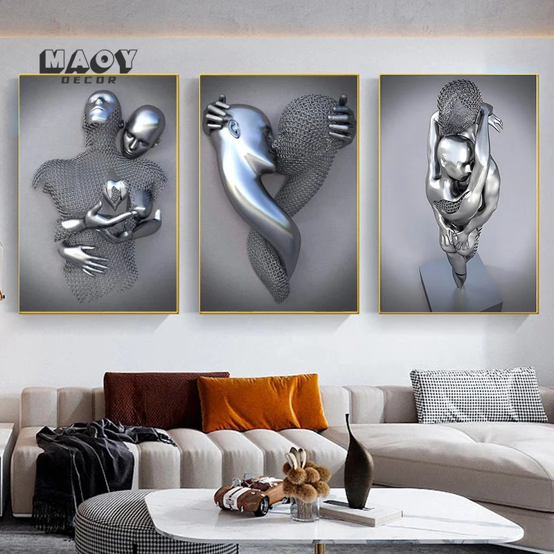 

Nordic Couples Metal Figure Statue Wall Art Canvas Painting Lover Sculpture Poster Print Wall Picture for Living Room Home Decor