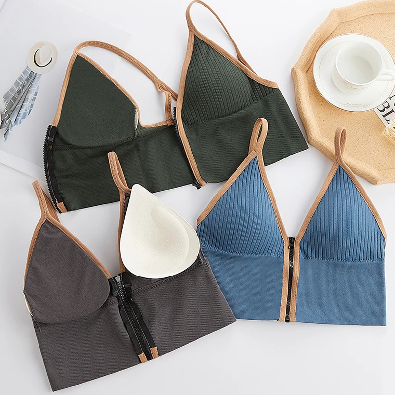 

Бюстгальтер женский с глубоким V-образным вырезом, Бралетт на молнии с открытой спиной, удобный топ для фитнеса, нижнее белье без косточек с ...