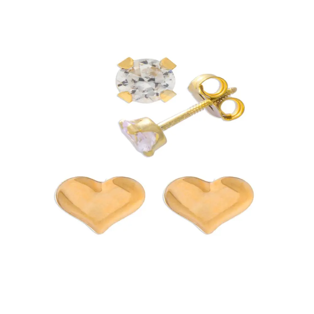 

NEW Girl’s 14K Yellow Gold CZ and Heart Stud Earring Set 2 Pairs fast shipping