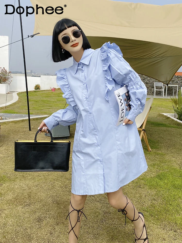 

2023 Spring New French Retro Shirt Dress Elegant Ruffle Long Sleeve Slimming Simple Casual Female A-line Short Dress