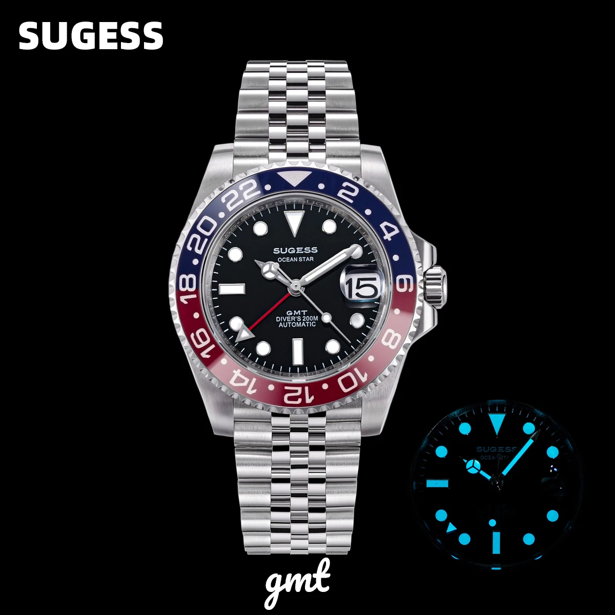 Фото Мужские часы Sugess GMT для дайвинга, автоматические механические водонепроницаемые наручные часы, японский механизм NH34, керамический безель, ремешок Jubille, новинка №1