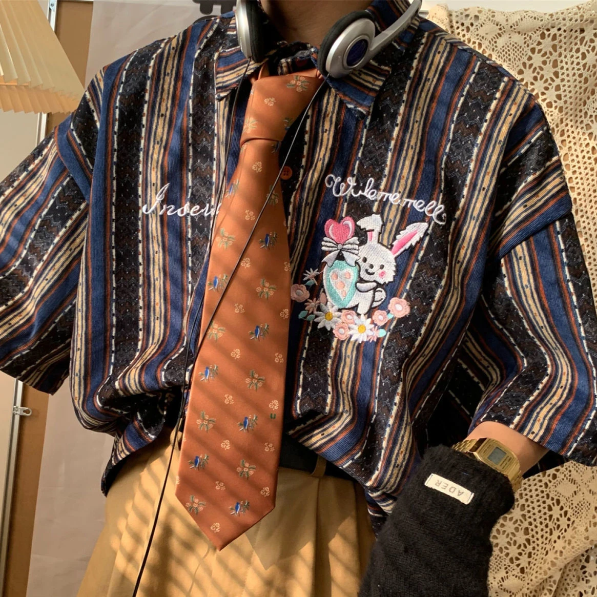 

High Quality Vintage Stripes Button Up Shirt Japan Kawaii Anime Rabbit Embroidery Tops Fpr Men Women Summer Short Sleeve Casual