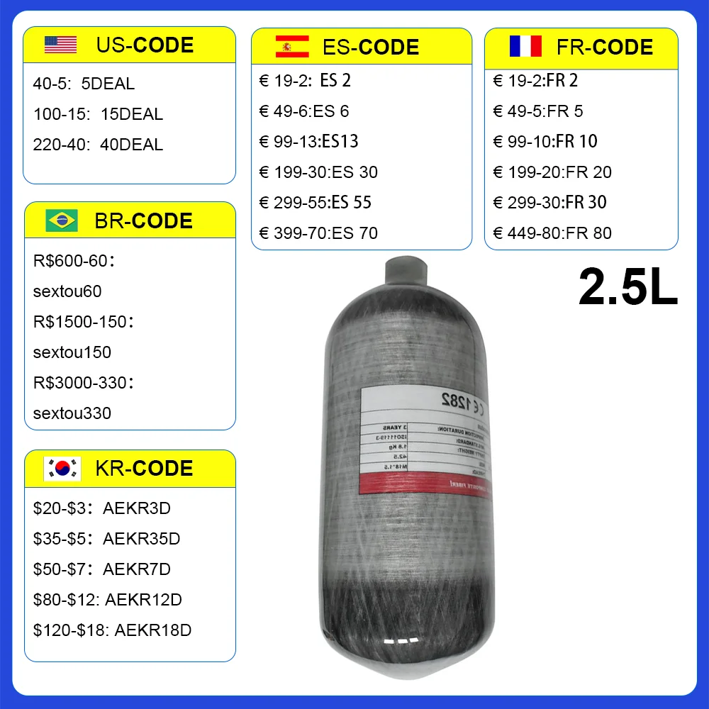 

4500Psi 300Bar 30Mpa 2.5L Carbon Fiber Gas Cylinder Paintball HPA Hunting PCP Tank Air Rifle Compressed Scuba Cylinder M18*1.5