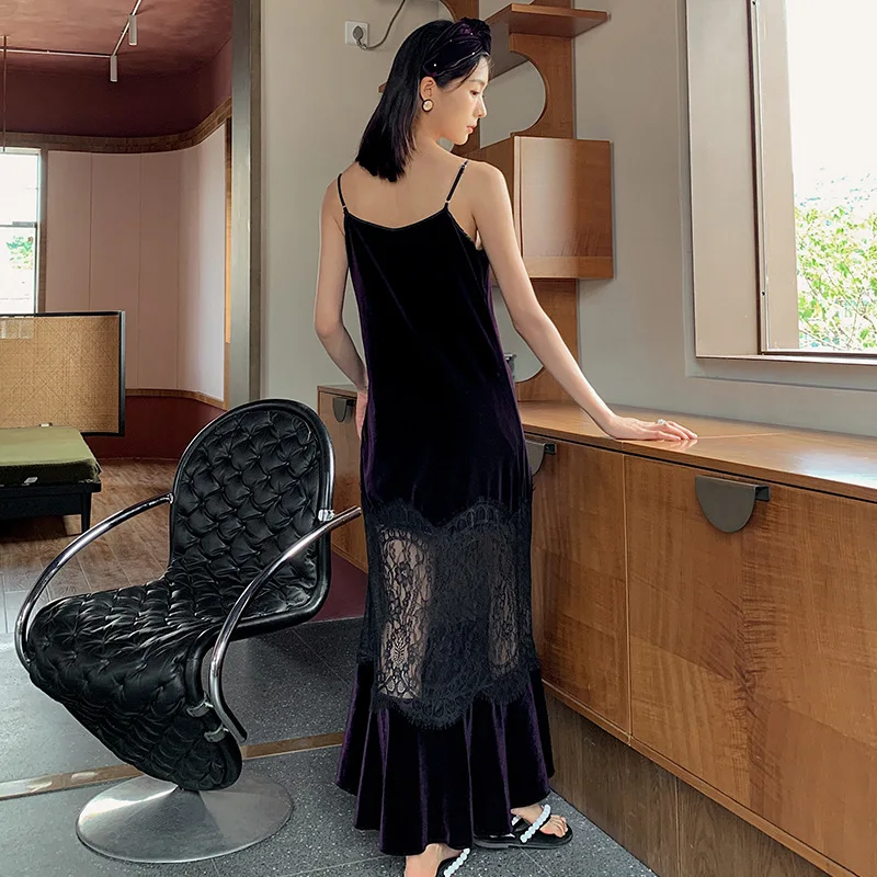 Velvet Pajamas Women's Lace Skirt Long Sling Dress Home Clothes Nightwear