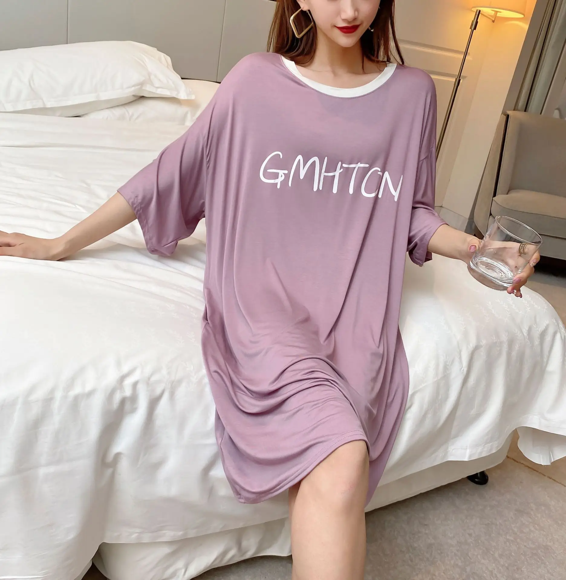 Summer with modal printed letters T-shirt dress code household contracted short-sleeved dress comfortable big skirt loose