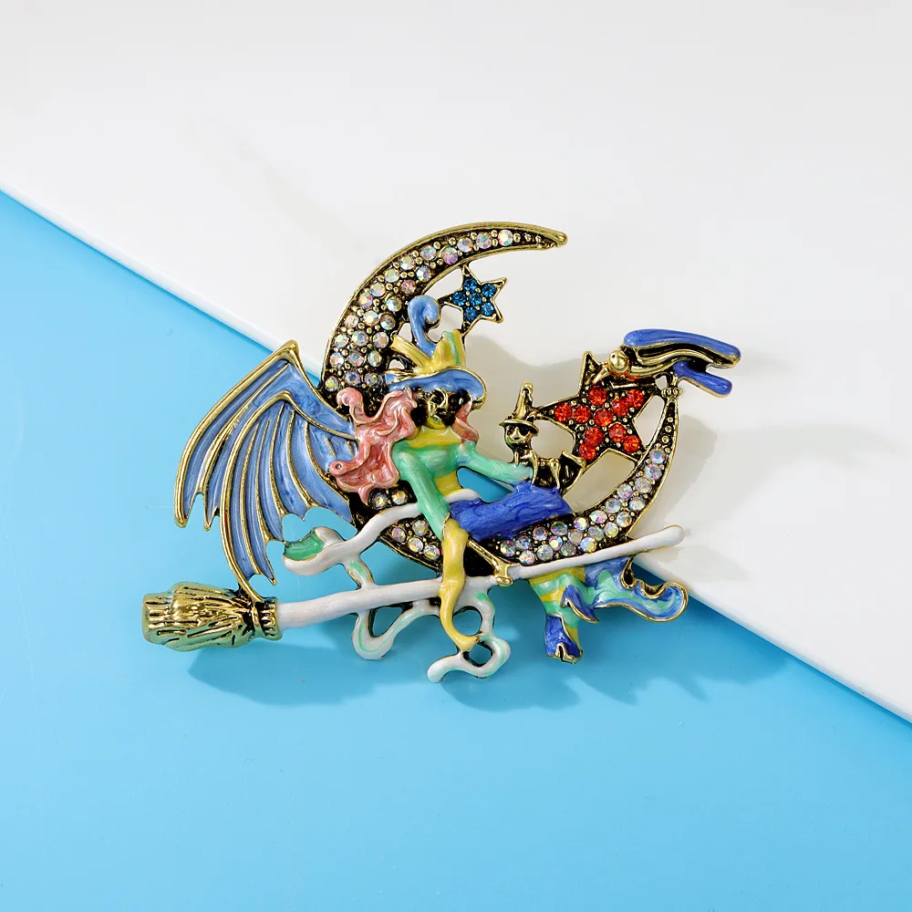 

Enamel Witch Sitting on The Moon Brooch Large Halloween Pin Funny Creative Design Personalized Pin Clothing Coat Bag Accessorie