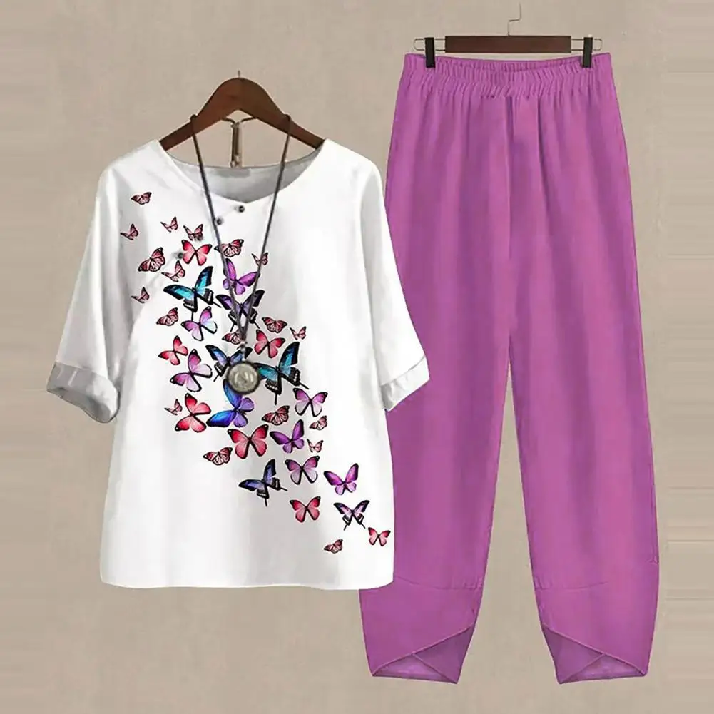 

Женский комплект из футболки и брюк, комплект из 2 предметов, пуловер с круглым вырезом и принтом бабочек, свободные брюки с широкими штанина...
