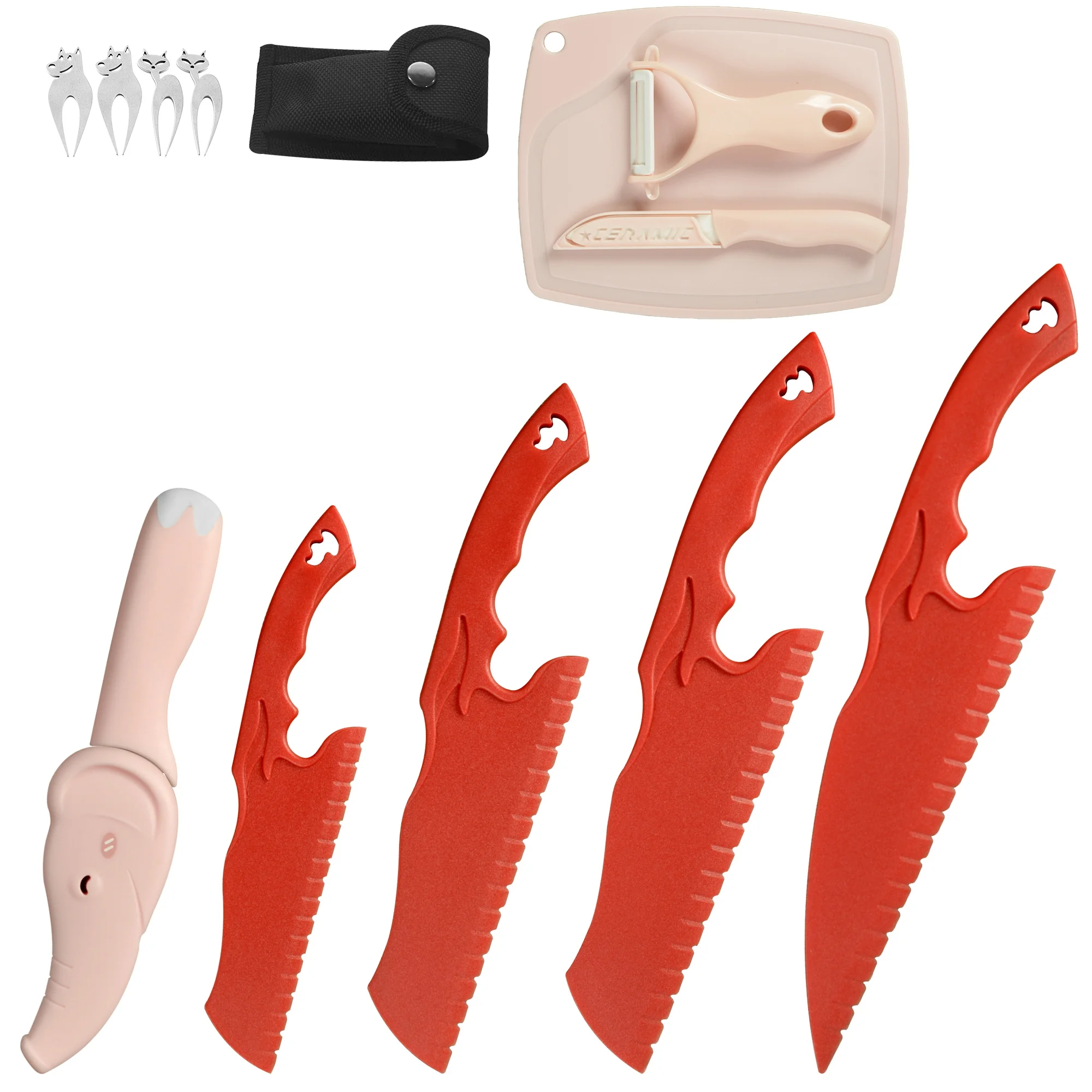 

Zemen Plastic Cake Knives Set With Fruit Paring Knife Ceramic Utility Knives Cutting Board Fruit Fork Serrated Pizza Bread Knife