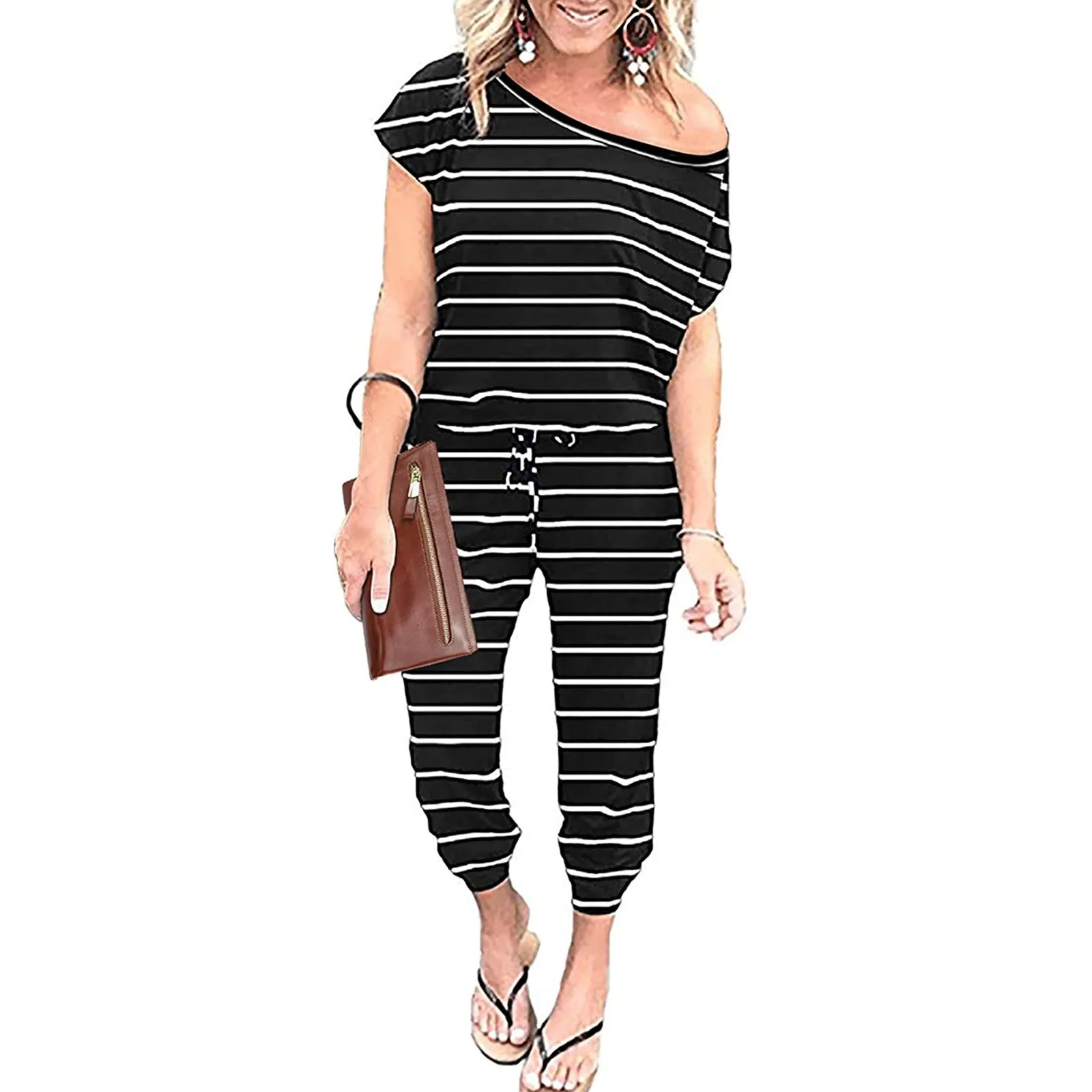 

With Pockets Waist Long One Sleeve Shoulder Women's Leopard Print Jumpsuits Women Short Sleeve Jumpsuit Halter Jumper