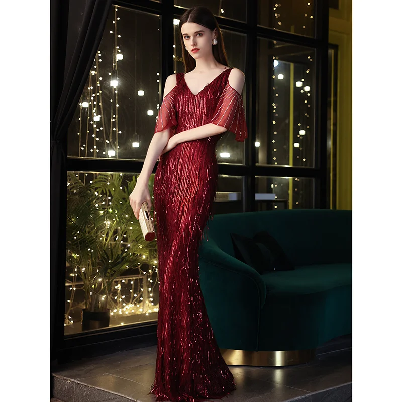 

Блестящее платье для невесты, новинка 2023, винно-красное темпераментное приталенное вечернее платье «рыбий хвост» для хозяйки вечеринки, дл...