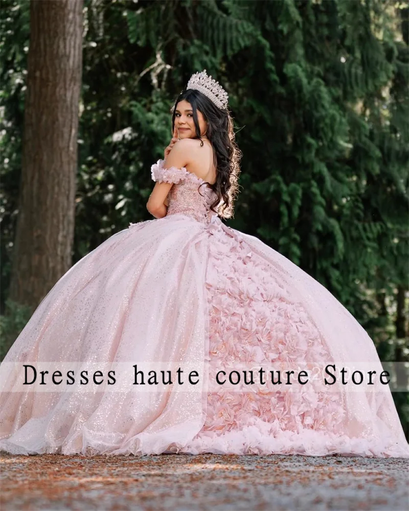 

Pink 3D FLowers Quinceanera Dresses 2023 Off The Shoulder Beaded Ball Gowns Sweet 15 Birthday Party Dress Vestido
