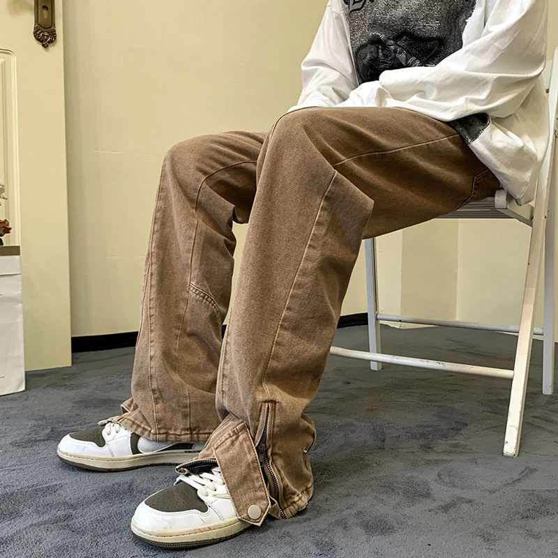 Brown Baggy Jeans Men Fashion Casual Loose Straight Jeans Men Japanese Streetwear Hip Hop Zipper Denim Pants Mens Trousers S-3XL