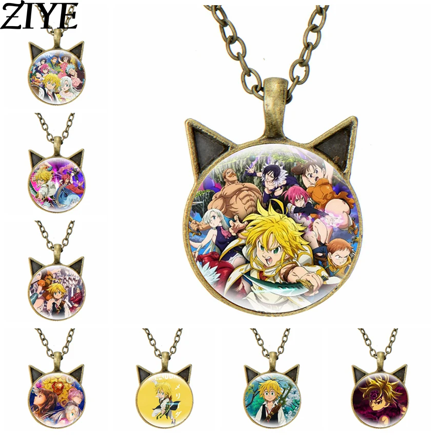 

Anime The Seven Deadly Sins Cat Ear Pendant Necklaces Meliodas Elizabeth Hawk Ban Cartoon Figure Glass Dome Cosplay Jewelry Gift