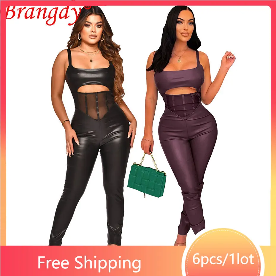 

6 шт., Женский Облегающий комбинезон из ПУ кожи