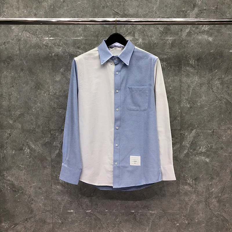 

TB THOM Shirt Spring Autunm Fashion Brand Men's Shirt White Blue Patchwork Casual Cotton Poplin Shirt Custom Wholesale TB Shirt