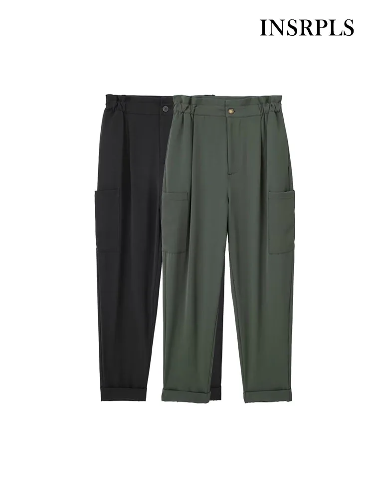 

Женские Модные мешковатые брюки-карго INSRPLS с передними карманами, винтажные женские брюки до щиколотки на молнии с высокой эластичной талией