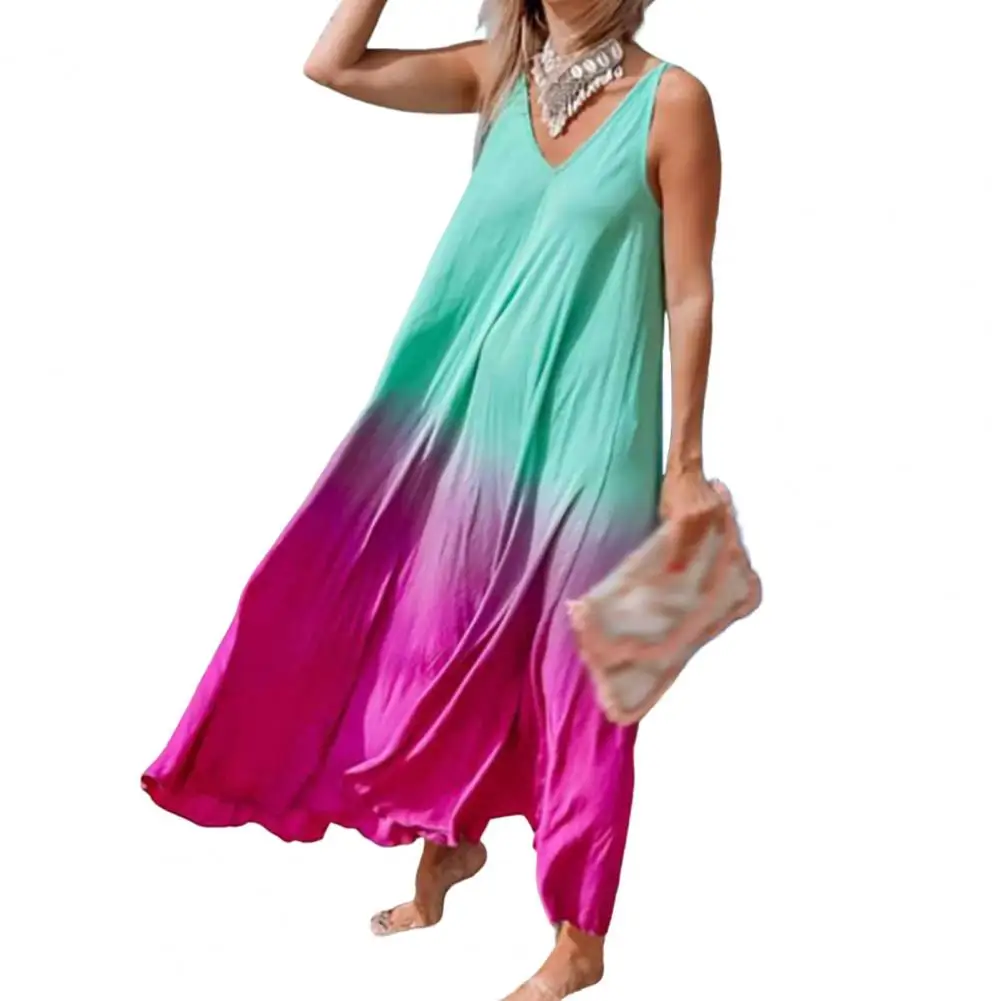 

Summer Women Sleeveless Maxi Dress Vest Long Dress O-Neck Large Hem Big Swing Boho Dress Tie-dye Print Sundress Beach Streetwear