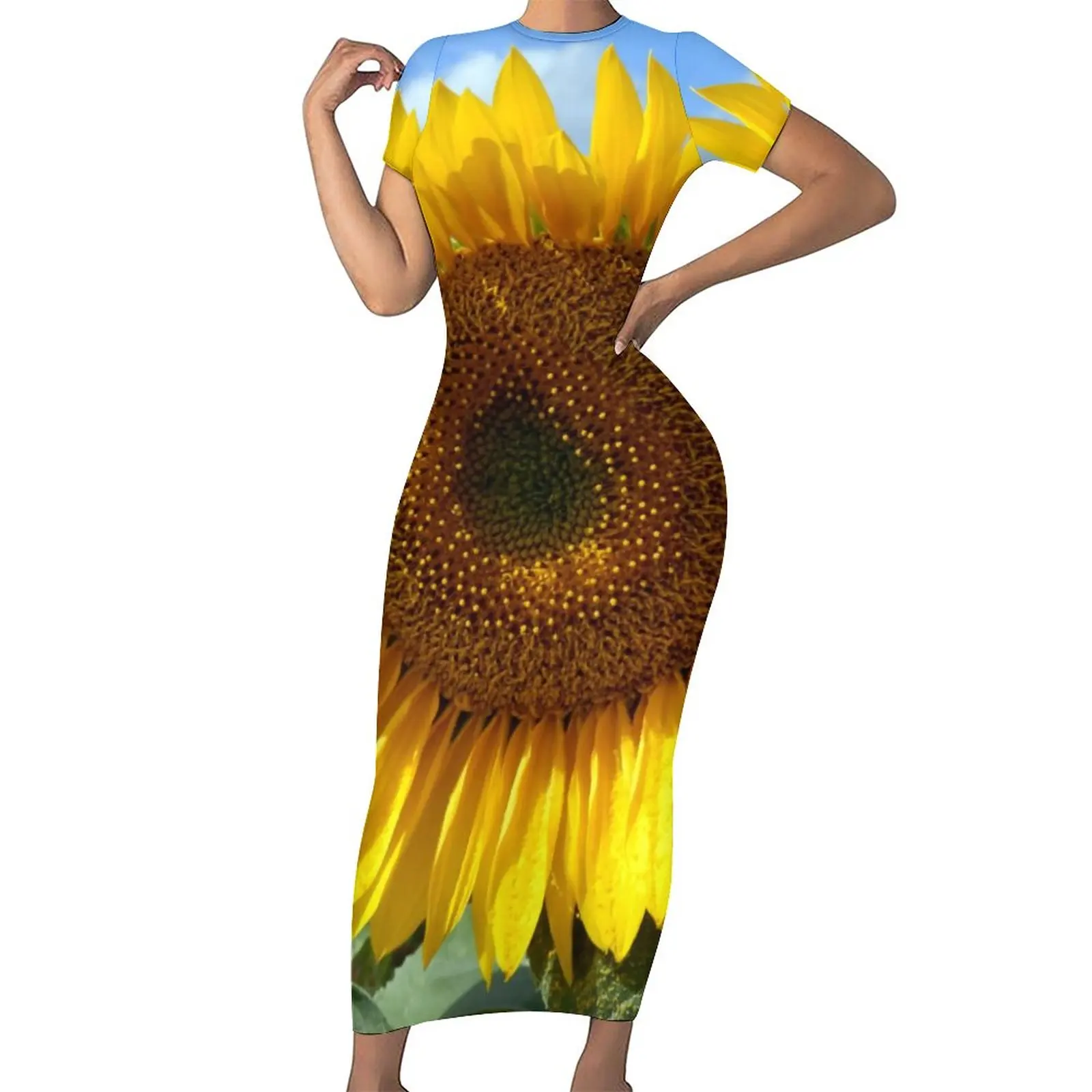 

Yellow Flower Dress Short Sleeve Big Sunflower Print Cute Maxi Dresses Holiday Street Style Custom Bodycon Dress Big Size