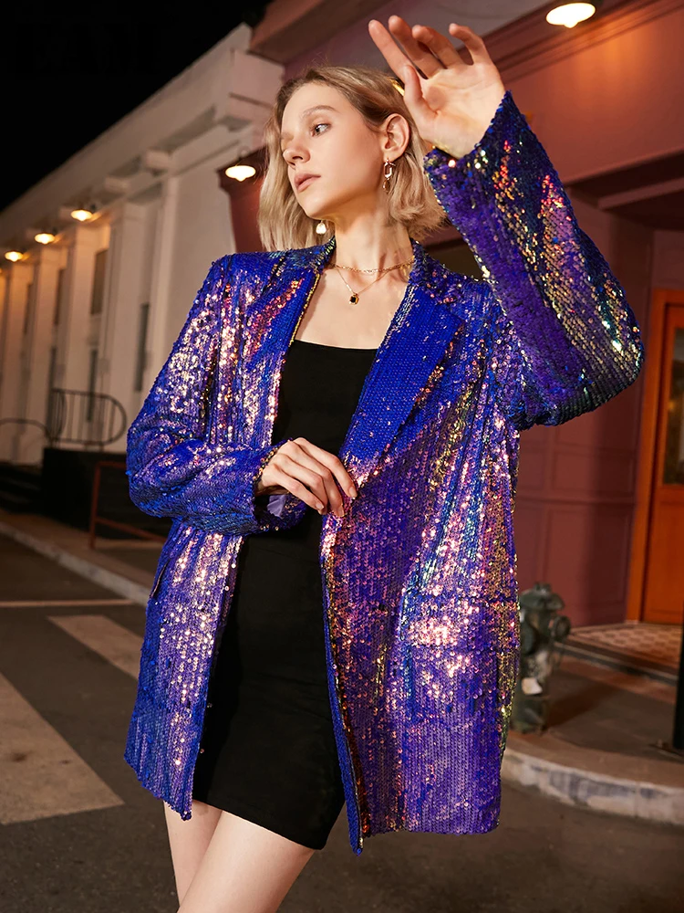 

[EAM] Свободная синяя Повседневная куртка с блестками, большой размер, Новое Женское пальто с отворотом и длинным рукавом, модная весенне-осенняя 2023 1DE3504