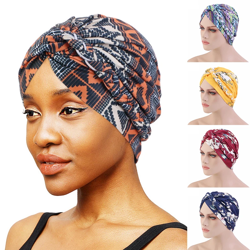 

Muslim Women Inner Caps Twisted Braid Bandanas Hijab Comfort Fashion Turban Hat Flower Printed Cross Knot Chemo Hats Head Cover