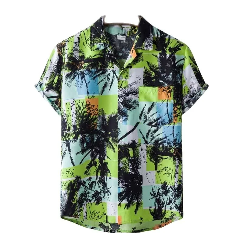

Новинка 2022, Мужская Гавайская пляжная рубашка с принтом пальмы, Повседневная рубашка с короткими рукавами и пуговицами, тропическая рубашк...